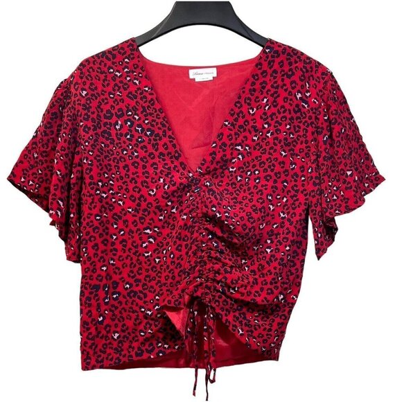 Lovers + Friends Valentina Top Small Red‎ Animal Print Cinch Front Flutter S/S - Picture 2 of 16